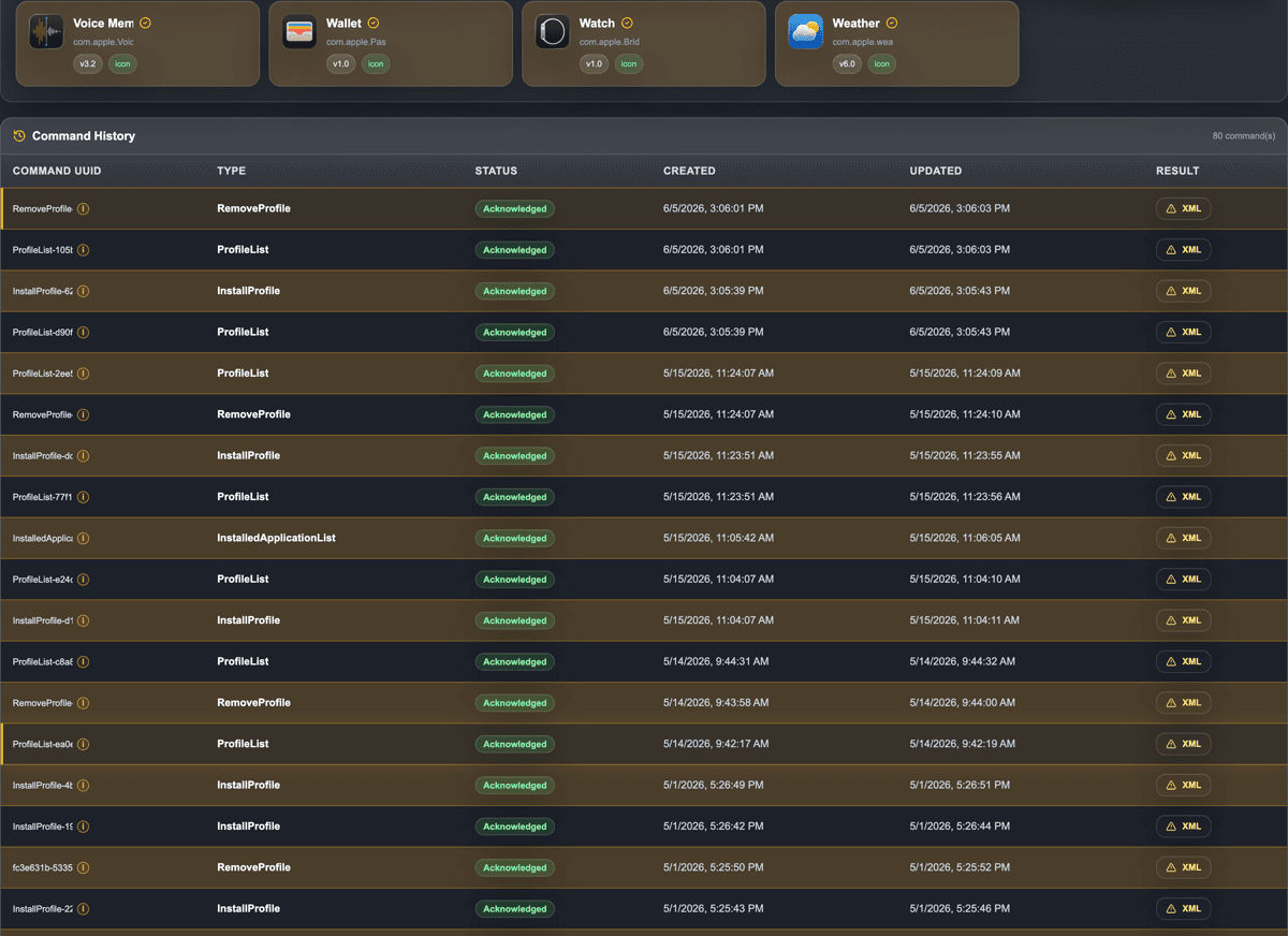 Command history table showing command type, status, created time, updated time and XML result
