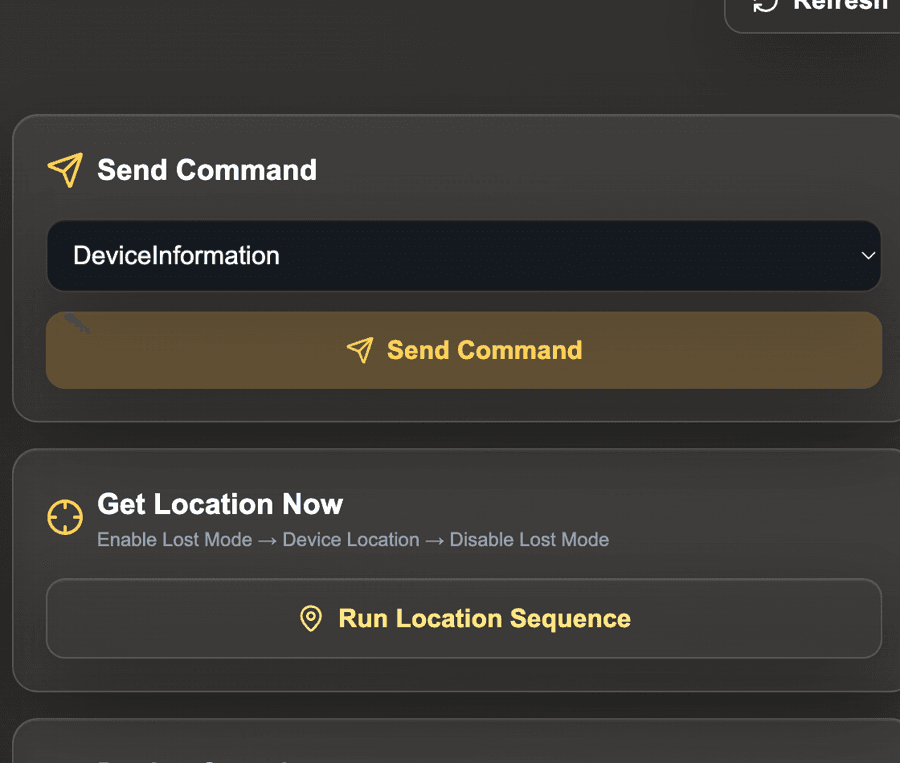 Device control side panel showing send command, get location now and device overview